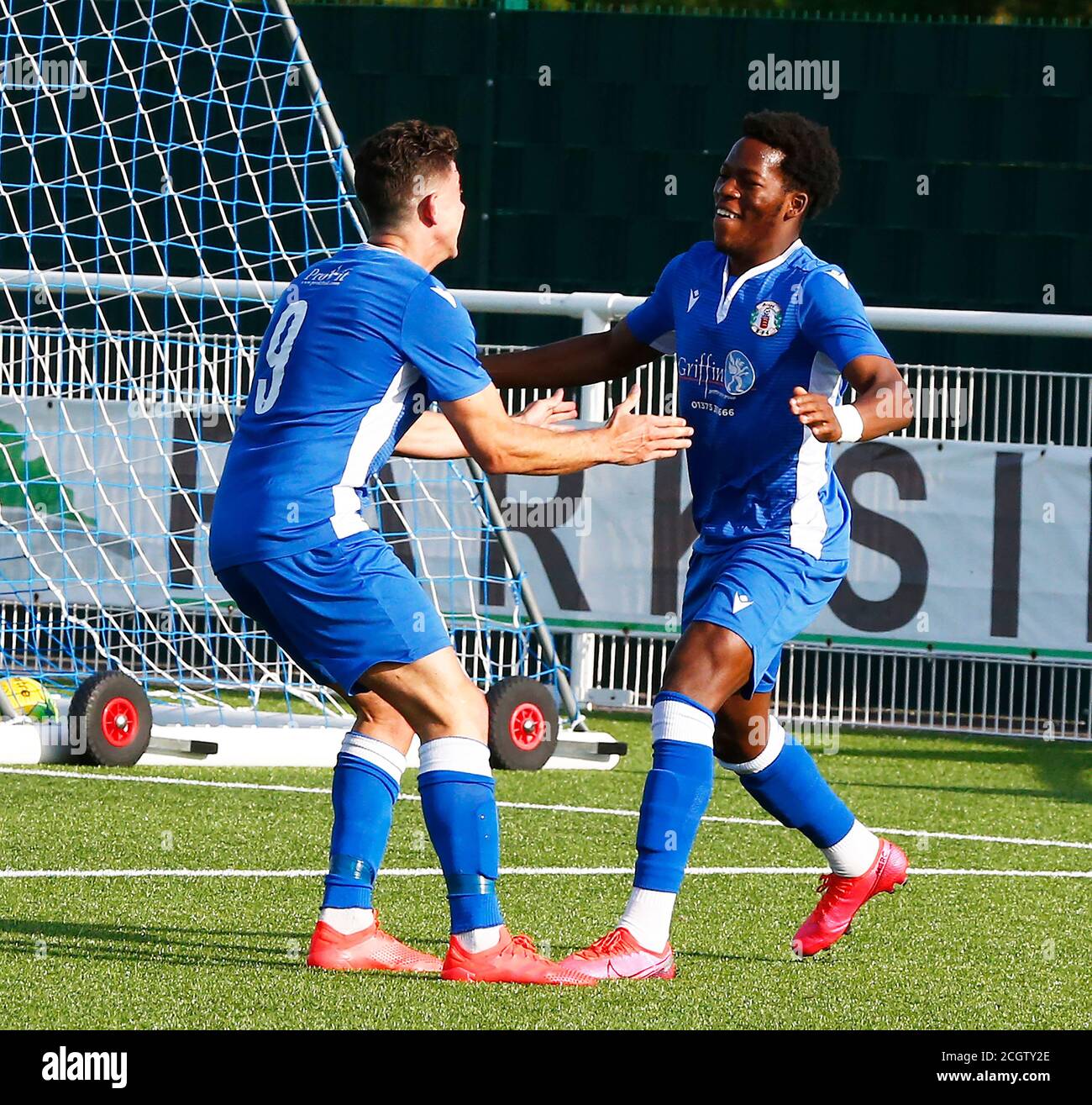 Aveley, UK. 01st Feb, 2018. SOUTHEND, ENGLAND - SEPTEMBER 12: Joseph Agunbiade of Greys Atheltic celebrates Own Goal with Mitchel Hahn of Greys Atheltic during FA Cup - Preliminary Round between Grays Athletic and Witham Town atParkside, Park Lane, Aveley, UK on 12th September 2020 Credit: Action Foto Sport/Alamy Live News Stock Photo