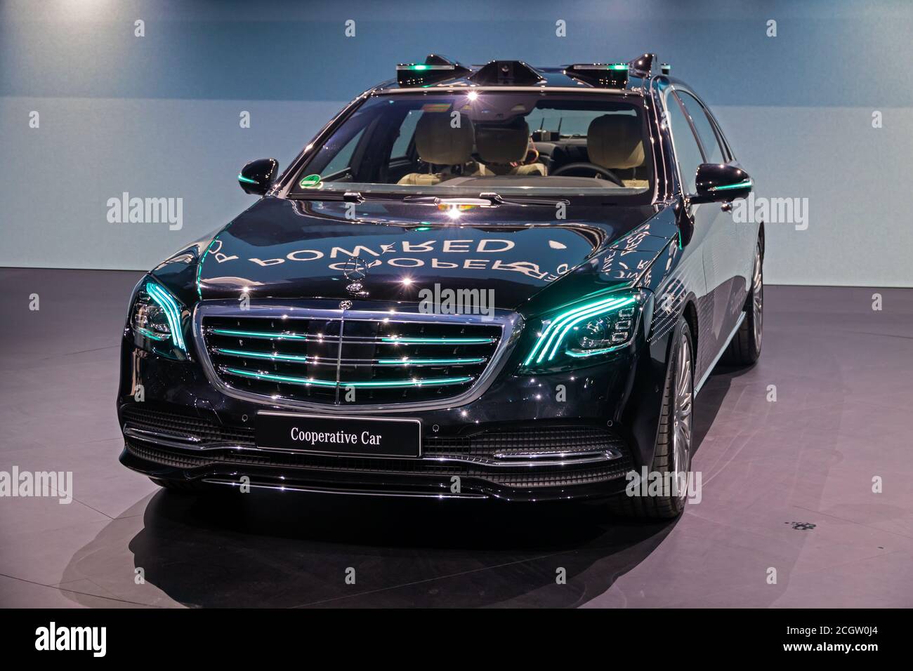 FRANKFURT, GERMANY - SEP 11, 2019: Mercedes Benz Cooperative Car, an autonomous vehicle that uses lights to let pedestrians know what it'ss about to d Stock Photo
