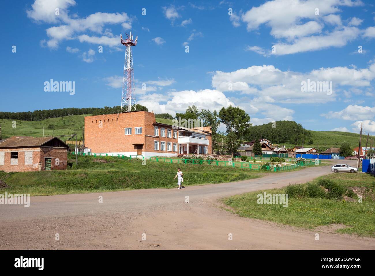 House of Culture on a village street. The village Parnaya is located in the Sharipovo district of the Krasnoyarsk Territory, Russia. Stock Photo