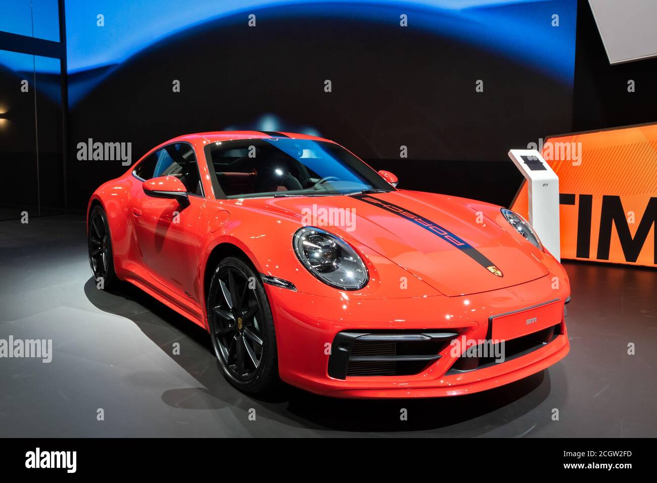 BRUSSELS - JAN 9, 2020: Porsche 911 Carrera sports car showcased at the Brussels Autosalon 2020 Motor Show. Stock Photo