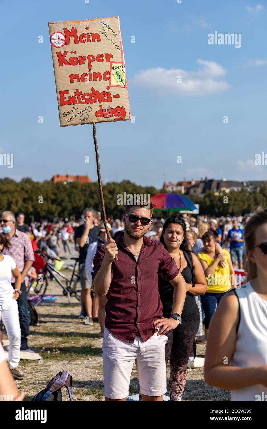 Demonstration in Theresienwiese, Munich, Germany on the 12.09.2020, protest against corona regulations in Bavaria and Germany Stock Photo