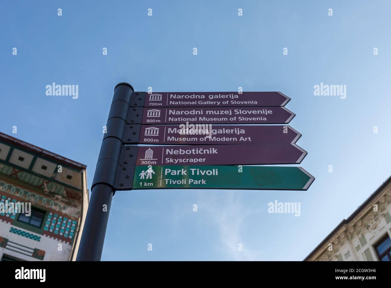 Signpost showing directions to the points of interest and landmarks in Ljubljana, Slovenia Stock Photo