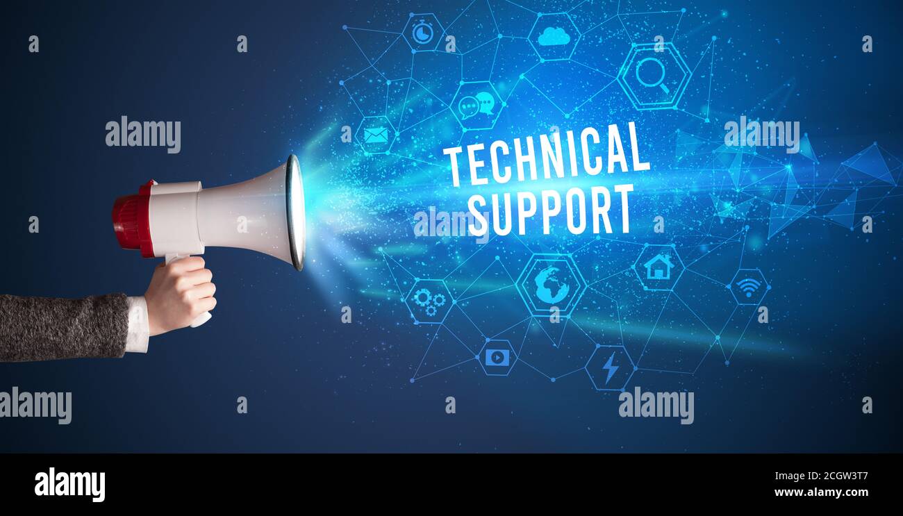 Young woman shouting in megaphone with TECHNICAL SUPPORT inscription ...