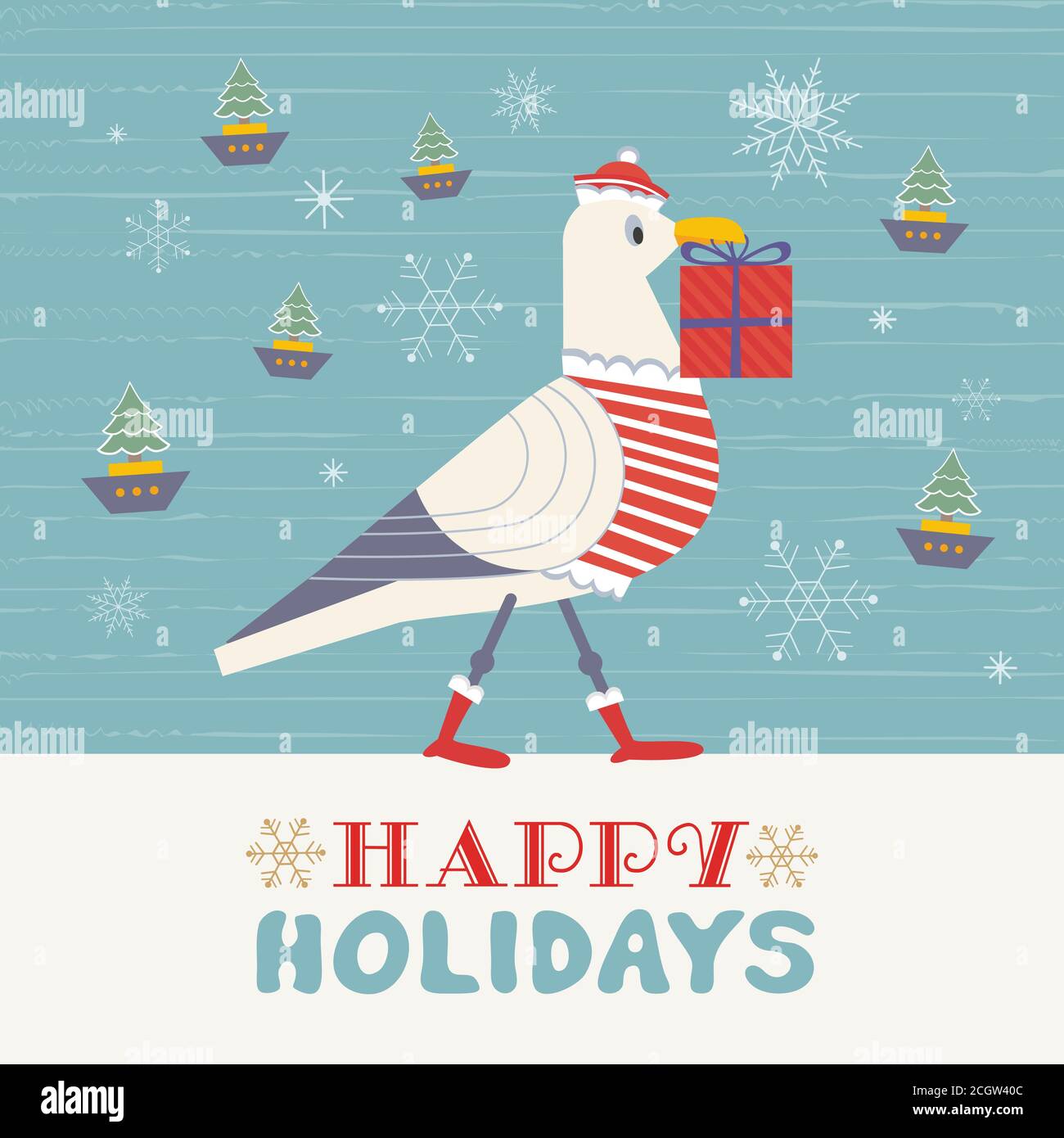 Cute seagull with Christmas gift box vector poster Stock Vector