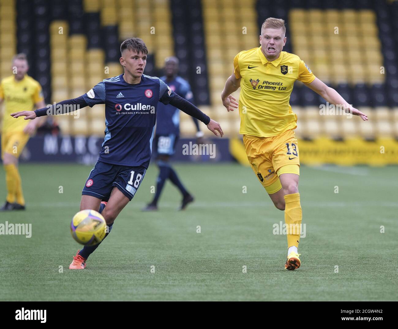 Livingston, UK. 11th Feb, 2020. Reegan Mimnaugh of Hamilton Academical and  Lars Lokotsch of Livingston during the Scottish Premiership match at the  Tony Macaroni Arena in Livingston, Scotland. Alex Todd/SPP Credit: SPP