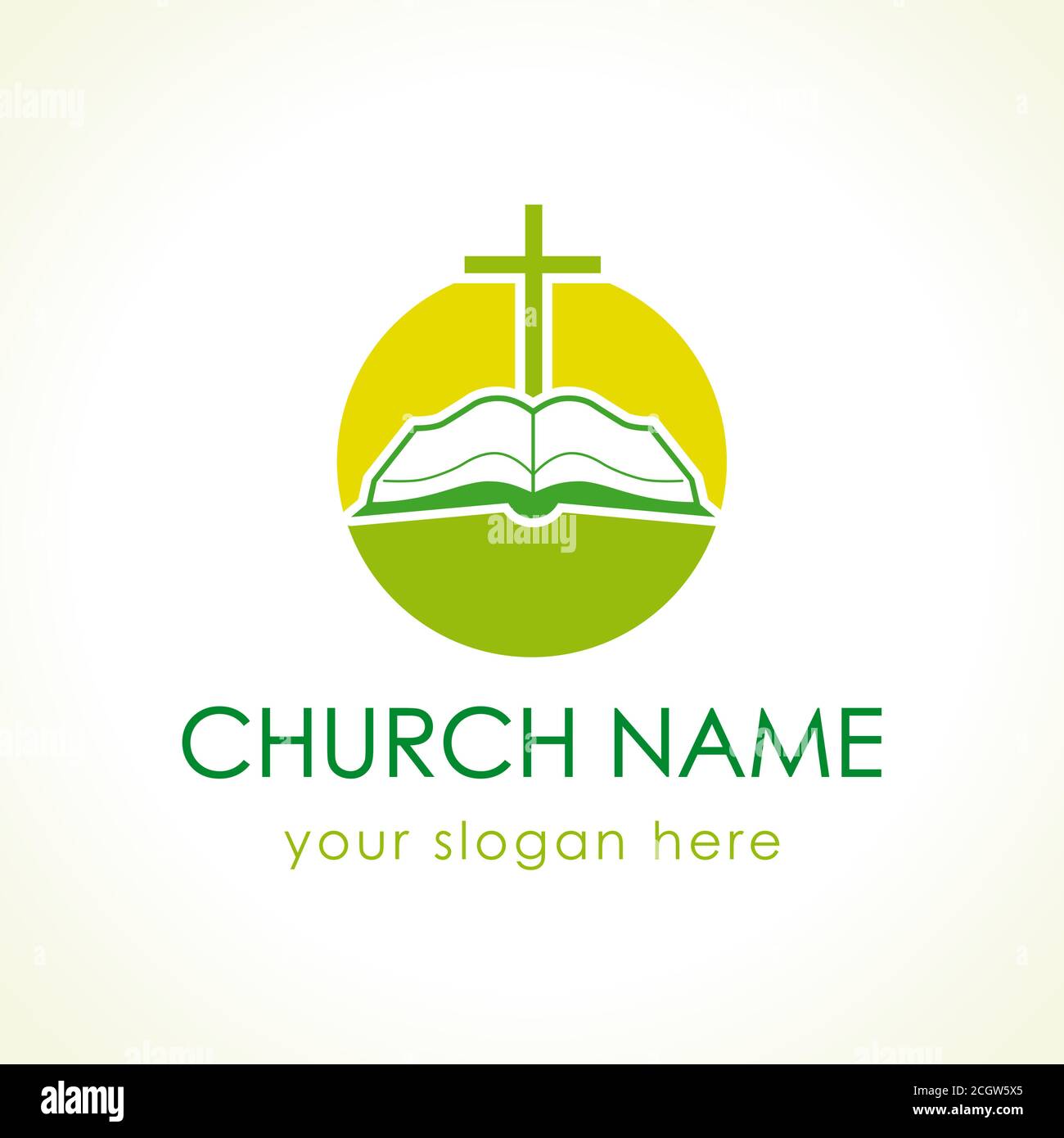 Cross and bible green vector logo. Open book icon. Branding identity for churches, christian organizations computers or mobile phones software app. Stock Vector