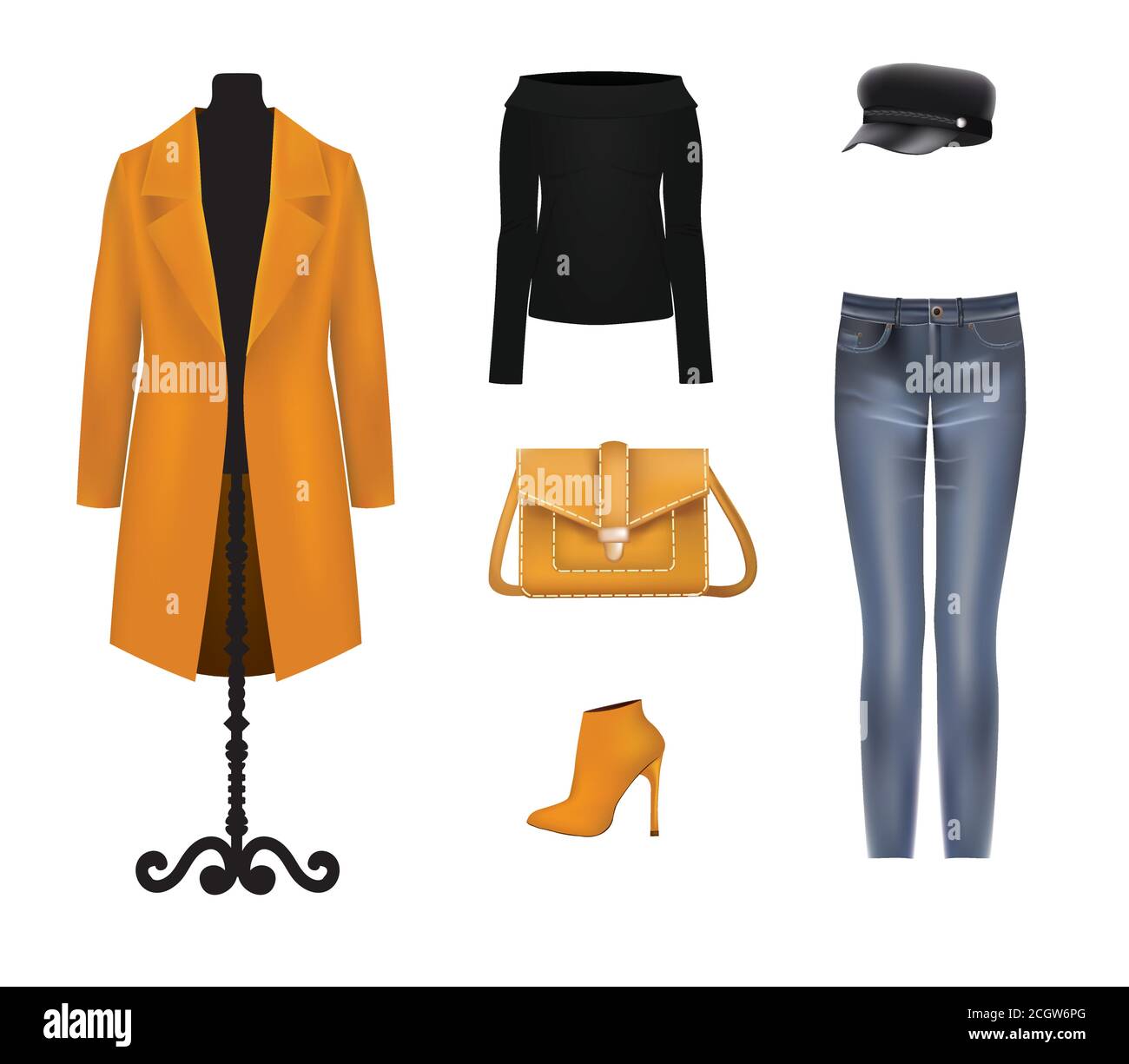 Women set. coat, sweater, pants, hat,  bag and boots. vector illustration Stock Vector