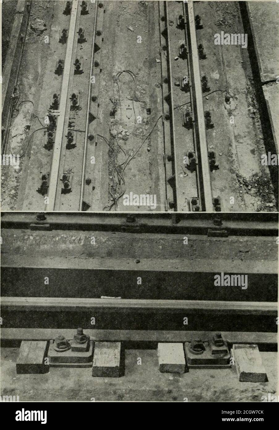 . Proceedings of the annual convention . 298 Impact and Bridge Stresses. Fig. 17—General views of method of fastening rails to concrete slab,continuous span viaduct at Flint, Mich. The wood shims shown in thelower picture were used to make the tests without rubber pads. Stock Photo