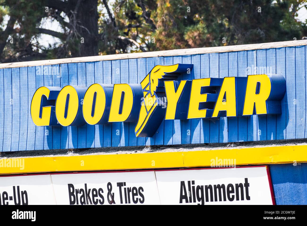 September 2, 2020 Sunnyvale / CA / USA - Close up of Goodyear logo at one of their Auto Service Centers; The Goodyear Tire & Rubber Company is an Amer Stock Photo