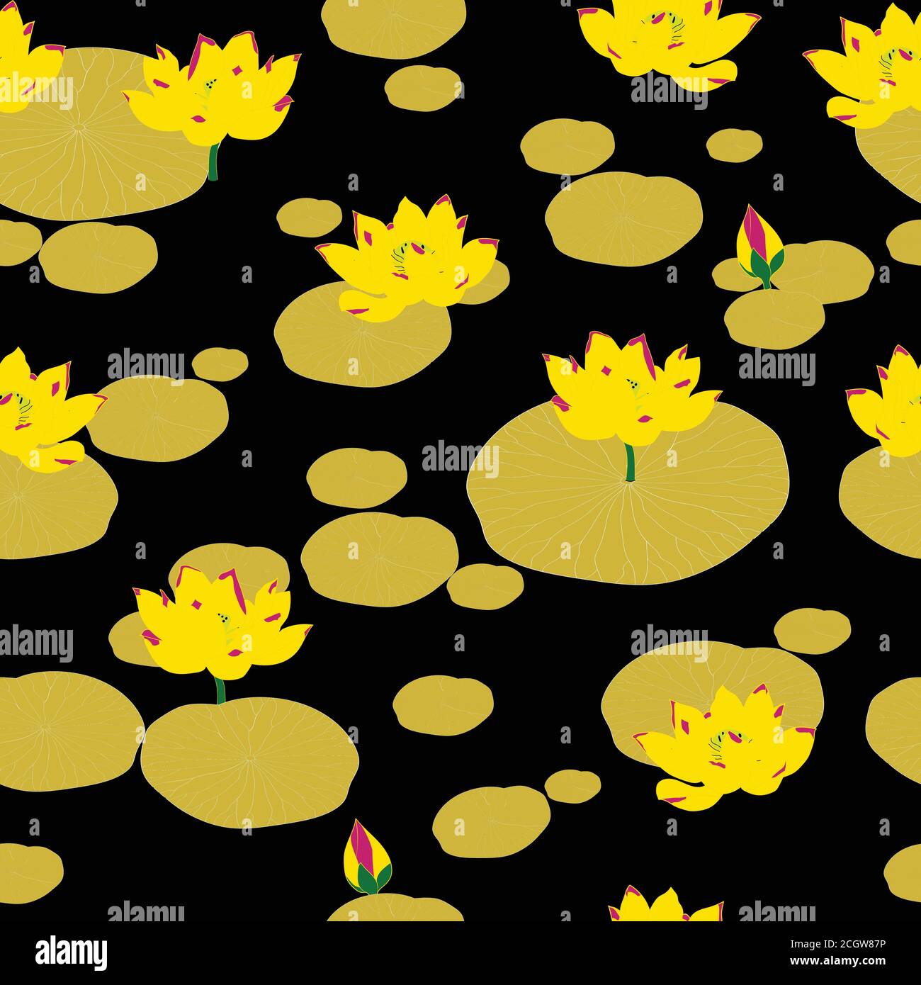 Lotus seamless pattern with Golden colors and black background Stock Vector