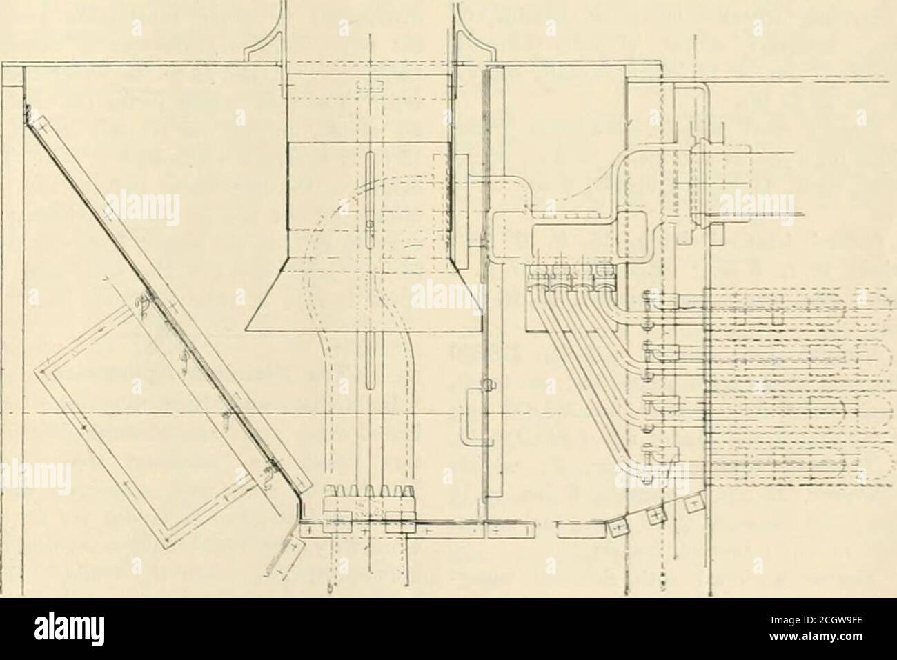 . Railway and locomotive engineering : a practical journal of railway motive power and rolling stock . ble iron sleeve forming an air-tight joint with the steam pipe boss onthe cylinder casting. The steam pipepasses through, the flange and sleeve.With this arrangement of piping there iscomparatively little obstruction in thesmoke-box, and the superheater and tubeend- are easily accessible. in.ders, but a vacuum relief valve is tappedinto the outer wall of each steam chestabove the live steam compartment. Thevalve motion is of the Walschaerts type,and the gear is controlled by the Baldwinpower Stock Photo