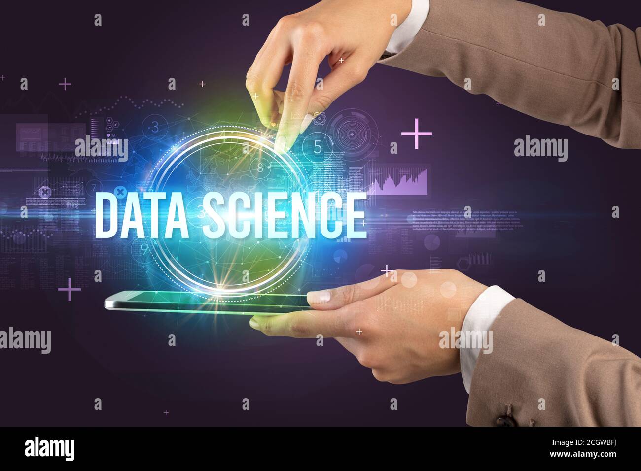 Closeup of a touchscreen with DATA SCIENCE inscription, new technology