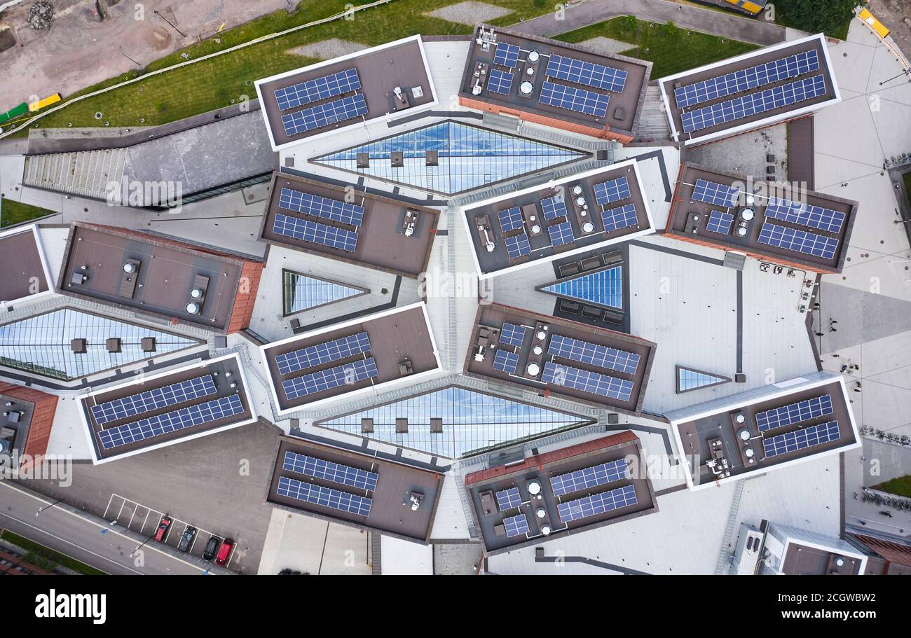 Espoo, Finland - September 11, 2020: Aerial view of the brand new Aalto university campus. Modern nordic architecture. The solar panels mounted on the Stock Photo