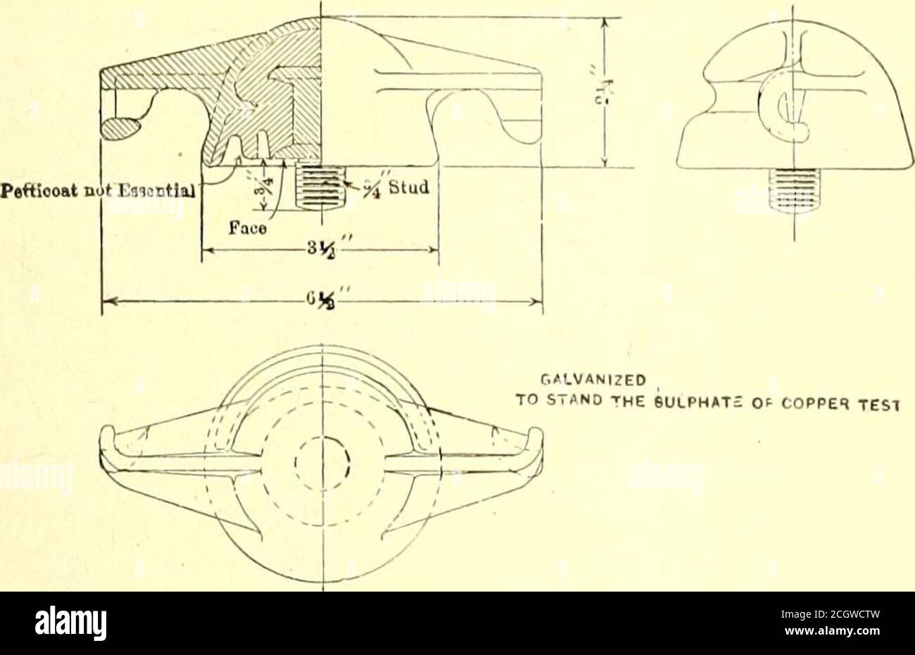 . Electric railway journal . MAKE OF THROUGHLY SEASONED, STRAIGHT GRAINED HICKORT. Faint WITH A PRESEflVATIVE COMPOUNDTENSILE STRENGTH - 8000 LBS. Drawing No. 316-D—Wood Break Strain Insulator forCable up to and Including 300,000 Circ. Mil. April 3, 1909.] stiand steel cable, tensile strength 3300 lb. Where over-head frogs are installed, trolley wire is to be takenstraight through frog and anchored to nearest pole, cut-ting in a 9/2-in. x 1%-in. wood strain 4 ft. from frog andusing 5/16-in galvanized strand for head guy and anchor.In pulling trolley wire, proper allowance must be madefor tempe Stock Photo