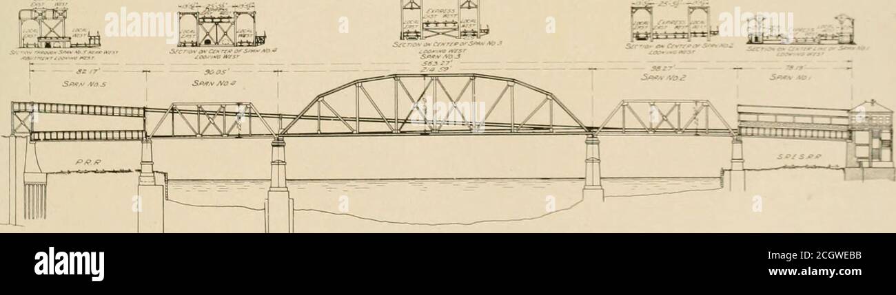 . The street railway review . open floor from thispoint to the abutment where the tracks pass onto the embankmentMl the private right of way. The entire length of the structurefrom the west end of the river bri=ij*SF. ELEVATION .^ND SECTIONS OF BRIIXSE 0ER SCHUYLKILL RIVER. express tracks the portal at the w-est end of the bridge was placedat the second panel. Over the west river piers the stringers of theexpress tracks are supported by a fixed bent. The high position ofthe express tracks on the west Pratt truss with the local tracks inthe lower floor system makes this a double-decked truss. Stock Photo