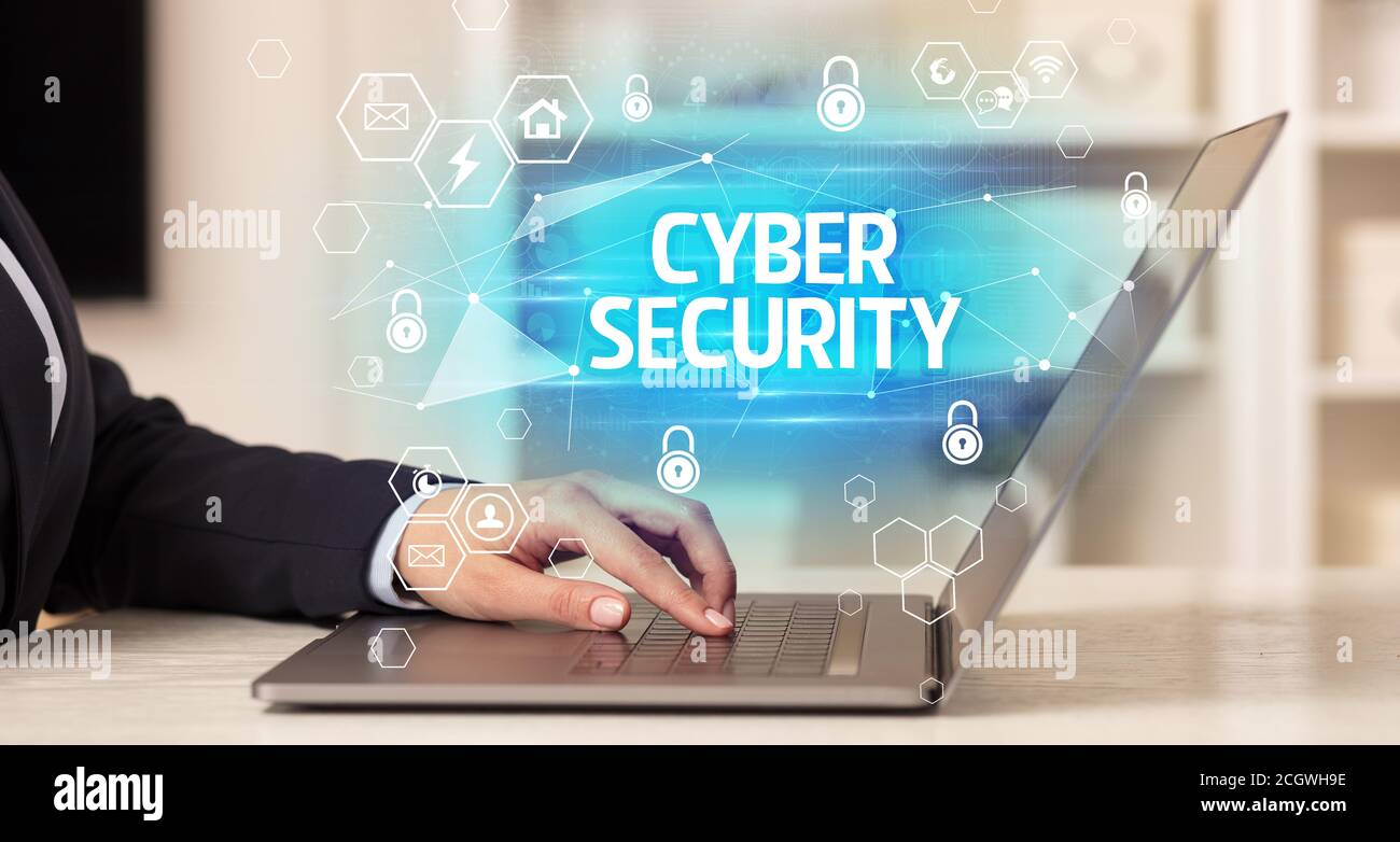CYBER SECURITY inscription on laptop, internet security and data ...