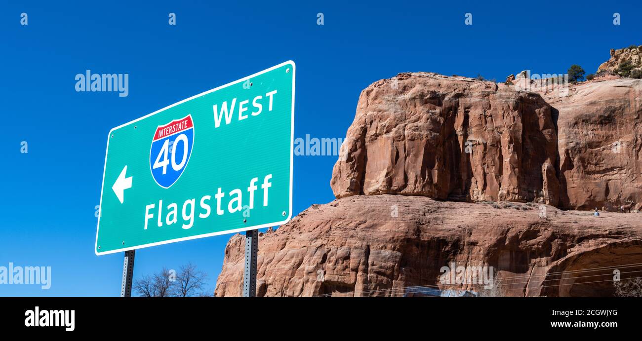 Interstate 40 sign in Arizona pointing to Flagstaff. United States Stock Photo