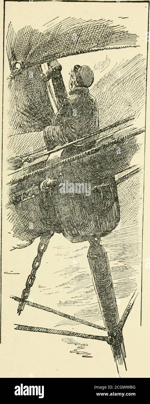 . Master Rockafellar's voyage . ten as painis. Every night, stars which had become familiarto us were sinking in the south, and new constella-tions soaring out of the horizon over the bows.It was delightful to handle the ropes, and findthem supple as coir instead of stiff as iron bars,to pick up the sails, and feel them soft again tothe touch instead of that hardness of sheets of steelwhich they gathered to them in the frosty parallels.The sun shone with a warmth that was every dayincreasing in ardency ; the dry decks sparkledcrisply like the white firm sand of the sea-beach.The live-stock gre Stock Photo
