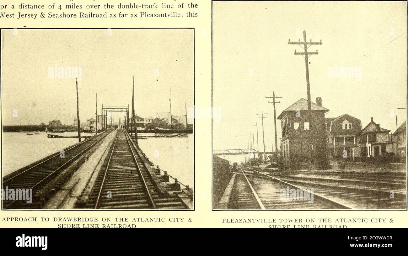. The Street railway journal . ARRANGEMENT OF CROSSING OF THE PHILADELPHIA & READINGPENNSYLVANIA RAILROAD TRACKS length, carrying at the top a high-tension transmission line ofthree No. 4 B. & S. hard-drawn copper wire and a 5-16-in.galvanized ground cable run on top of the pole. The current is obtained from the main power station ofthe West Jersey & Seashore Railroad located at Westville,the transmission voltage being 33,000. At Somers Point is. )RE LINE RAILROAD LE TOWER ON THE ATLANTIC CITY &SHORE LINE RAILROAD is part of the third-rail electric line which runs from Phila-delphia to Atlanti Stock Photo