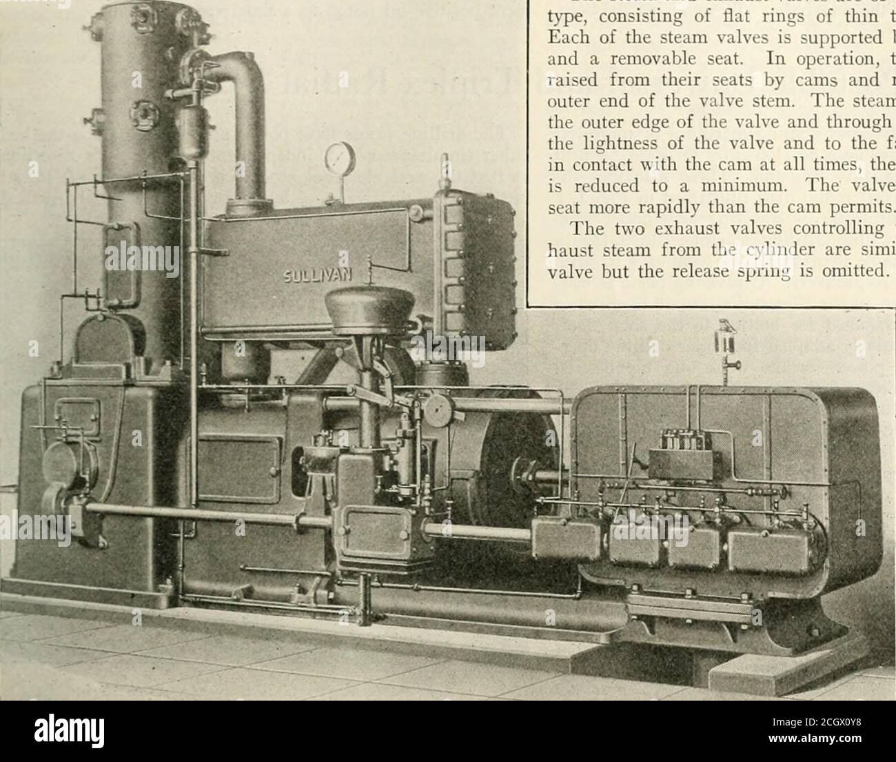 . Railway mechanical engineer . past ten years.The steam valve gear side of the machine is illustrated in Fig. 1 which shows the single high duty steam cylinderplaced in the rear of and in tandem with the low pressureair cylinder, the high pressure air cylinder being in a verticalplane. A heavy fly wheel, better shown in Fig. 2, is mountedon one end of the crank shaft so as to impart a smoothand even motion to the machine. A single crank pin drivesboth low pressure and high pressure pistons. All movingparts of the compressor proper are provided with positiveautomatic lubrication. The low press Stock Photo