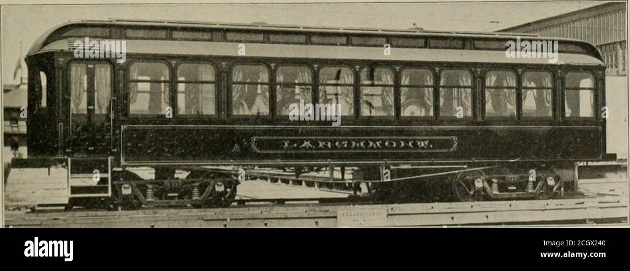 . The street railway review . engraving is from a photograph taken when Mr. Clarkwas assistant engineer in the United States Navy. French plate mirror 4x6 ft. in each partition, the mirrors andwindows being draped with handsome silk damask, while the ceil-ing is highly painted and decorated. Upholstered wicker chairs and French plate glass windows addto the attractiveness and comfort materially. The trucks uponwhich the car is mounted are known as the St. Louis No. 23. A HANDSOME PARLOR CAR. Mr. C. F. Freeman, secretary and manager of the Rapid TransitRailway Co., of Dallas, Texas, writes that Stock Photo