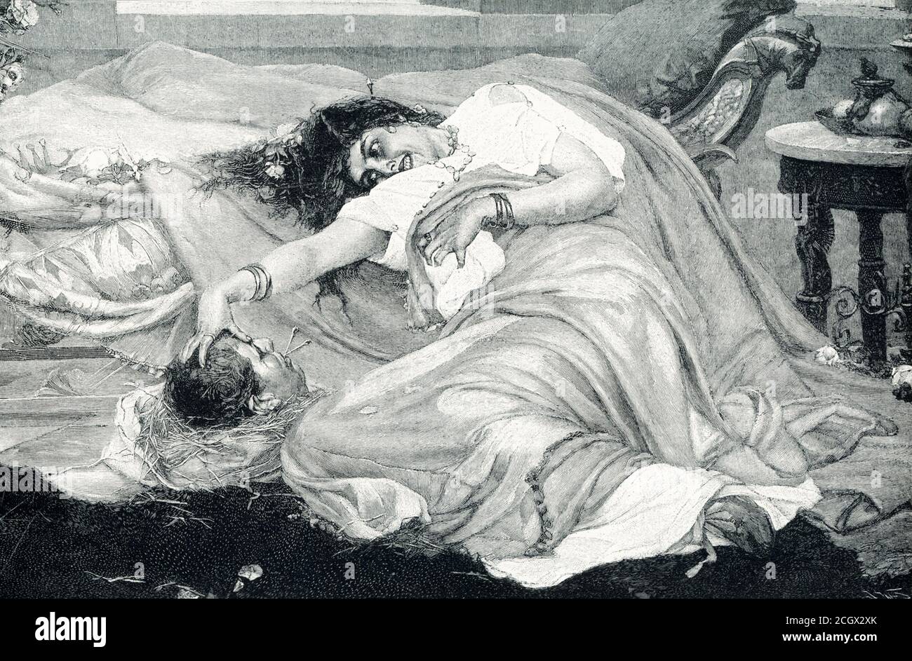 This illustration dates to the early 1900s. The caption reads: Fulvia with the head of Cicero. Fulvia was the wife of Mark Antony in his early days. After Caesar’s death. Antony sought to grasp absolute power, and Fulvia lent him able assistance. His chief opponent was the orator Cicero, who poured savage reproof and ridicule upon Antony and his evil wife. At length Antony got the upper hand and had Cicero slain. The head of the orator was sent as a most acceptable present to Fulvia, and she taunted it and stuck pins through the dead tongue, crying that here was a sharper answer to all his sha Stock Photo