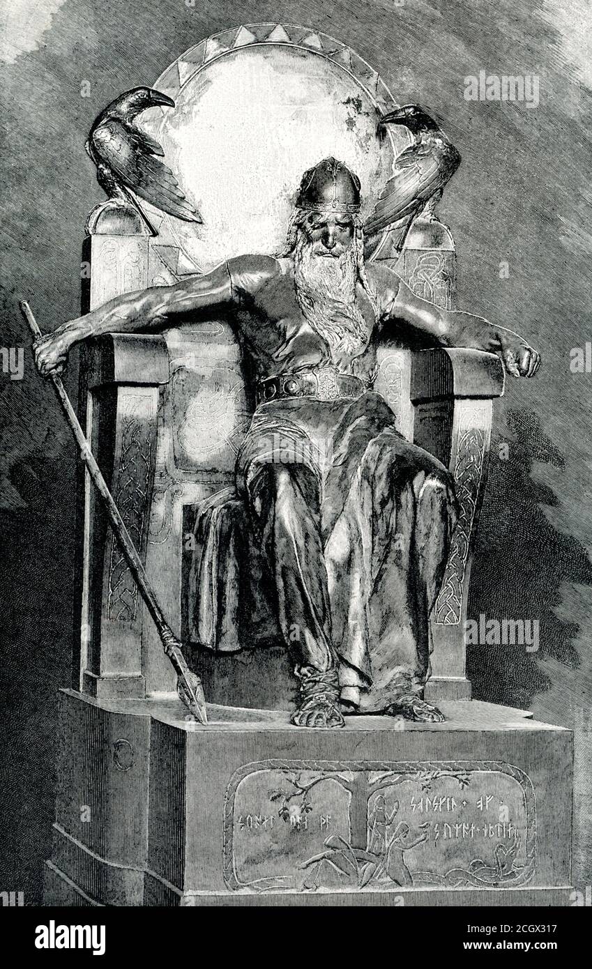 This early 1900s illustration shows Woden. The caption: Woden was the chief god of the ancient Germans. This ideal statue-figure represents the mighty god seated on his throne. His head is bowed in gloomy reverie, his one seeing eye sternly fixed, his hands clinched. He seems thinking of the great battle which he must some day fight against all tyhe forces of evil. This battle will end the world and in it Woden himself is doomed to die. Above the god perch his watchful messengers, the two ravens, Thought and Memory. Below is a symbolic carving of the universe, the tree of life, with the Norns, Stock Photo