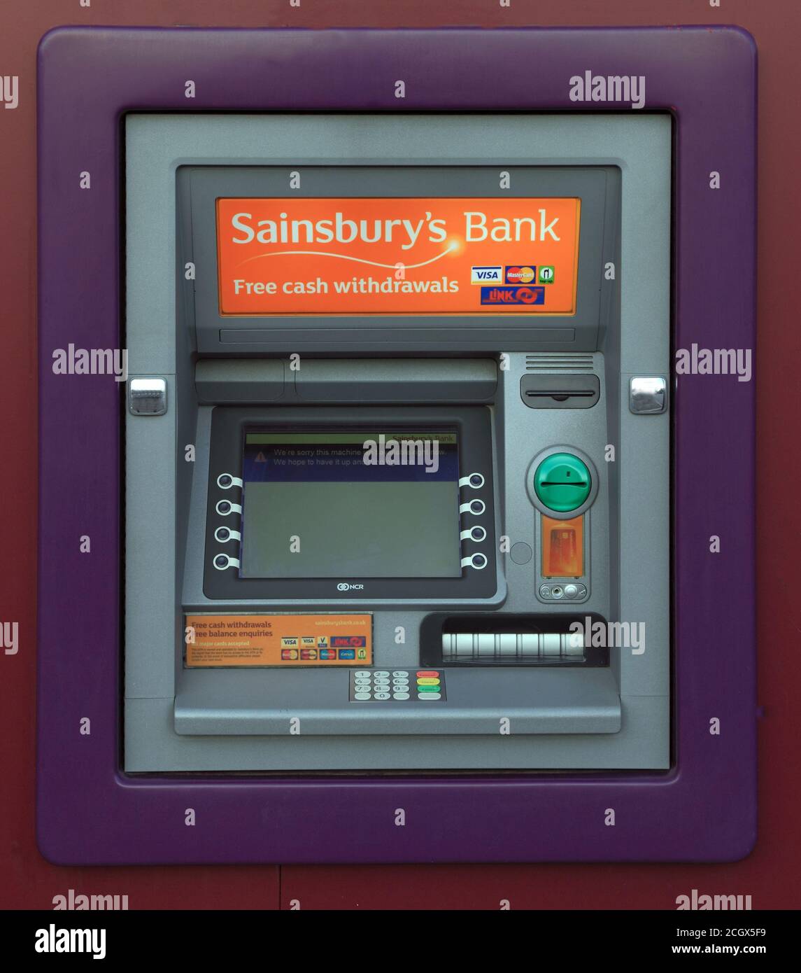 Sainsbury's Bank, ATM, Cashpoint, cash point, machine, Free Cash Withdrawals, Hunstanton, Norfolk, England, UK Stock Photo
