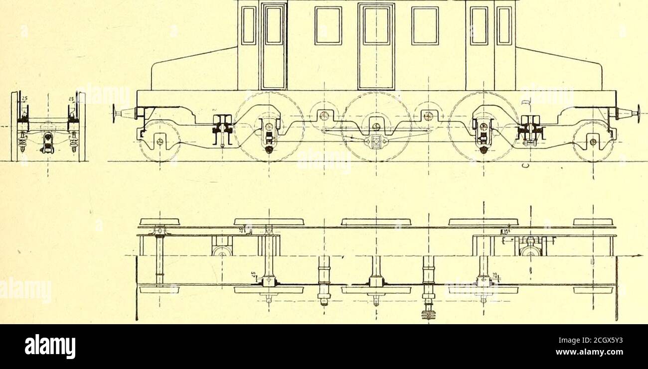 . The Street railway journal . FIG. -DIAGRAM SHOWING GENERAL ARRANGEMENT OF NEW LOCOMOTIVE of the motor cars have run over 100,000 miles, and it has notyet been necessary to change the bearings or to renew thebushings. Only two or three break-downs have occurred whichwere due to the burning out of the bearings, and all thesecases were caused through the carelessness of the attendant inforgetting to oil the bearings. A great deal has been said, also,in technical periodicals about the difficulty of using two over-head wires in switches and station yards. They are said tobe complicated and to inv Stock Photo