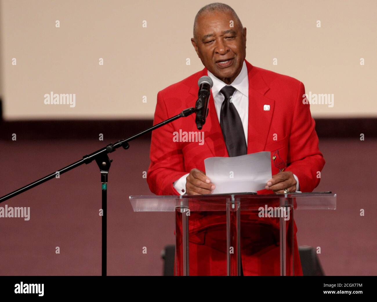 Ferguson, United States. 12th Sep, 2020. Former St. Louis Cardinals and National Baseball Hall of Fame member Ozzie Smith makes his remarks at the funeral services for fellow player Lou Brock, at The Greater Grace Church in Ferguson, Missouri on Saturday, September 12, 2020. Pool Photo by Christian Gooden /UPI Credit: UPI/Alamy Live News Stock Photo