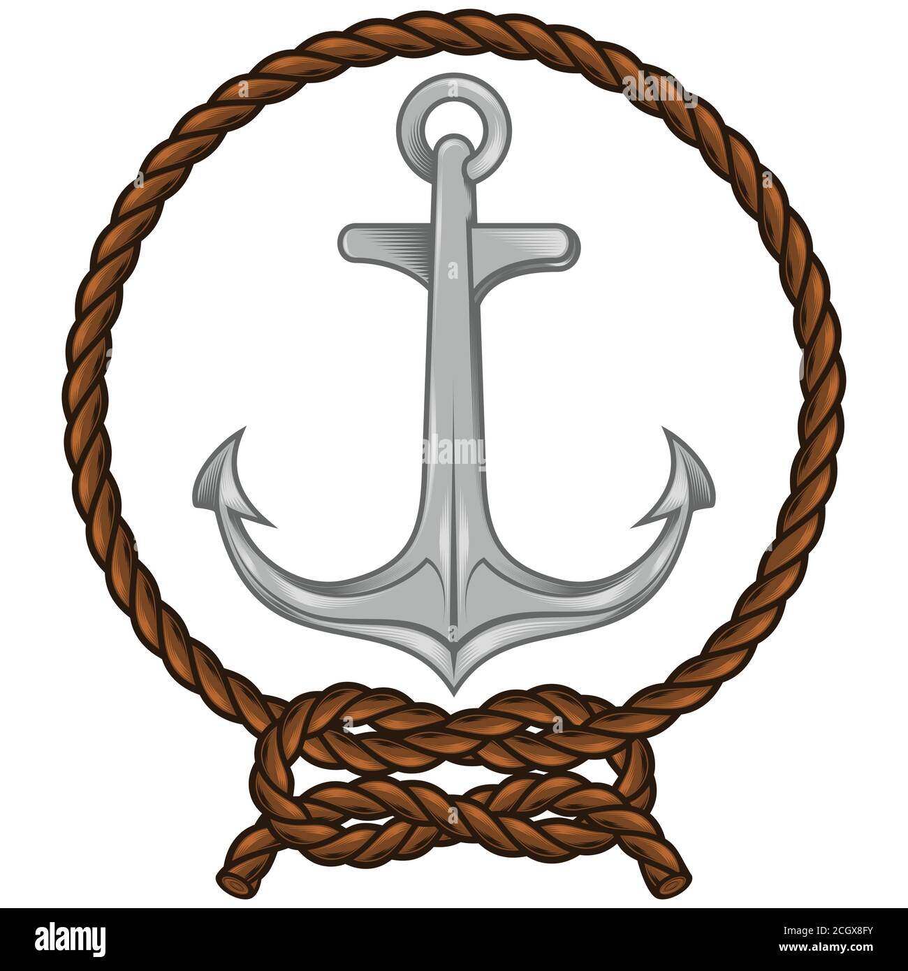 Vector illustration of anchor surrounded by intertwined rope, shadow white background Stock Vector