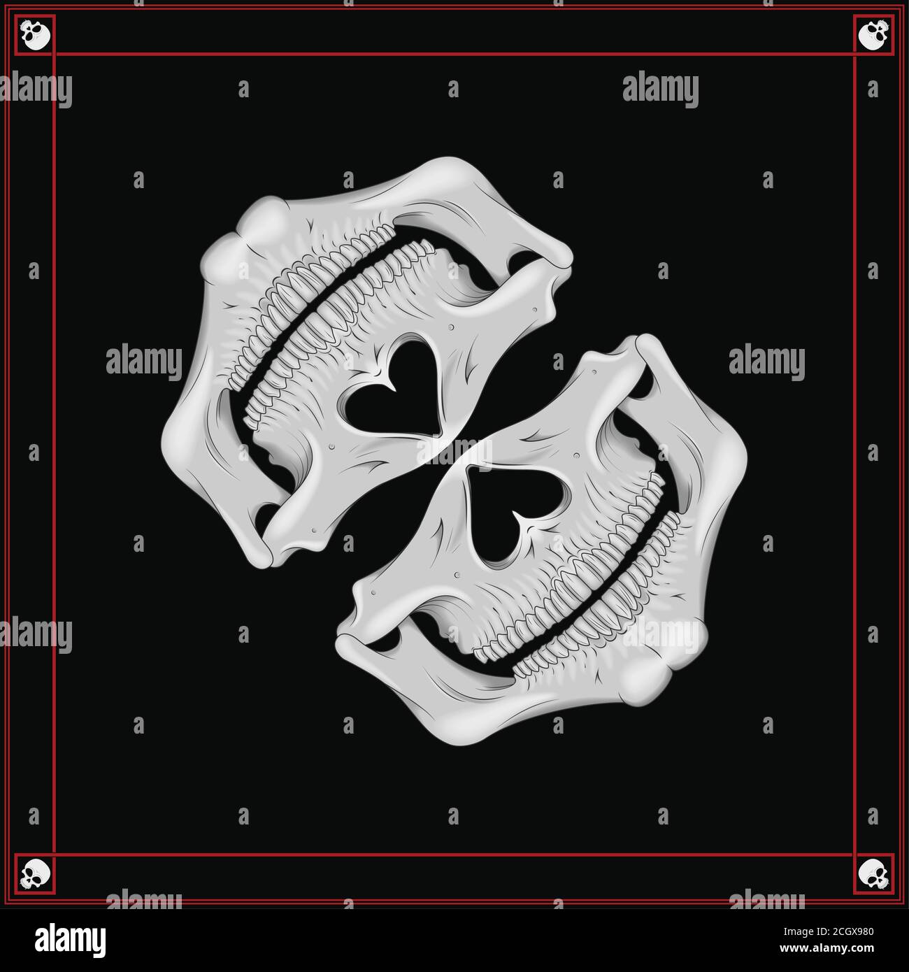 Vector design of bandana with half skull pattern, to be used as mask, cover, all over black background. Stock Vector