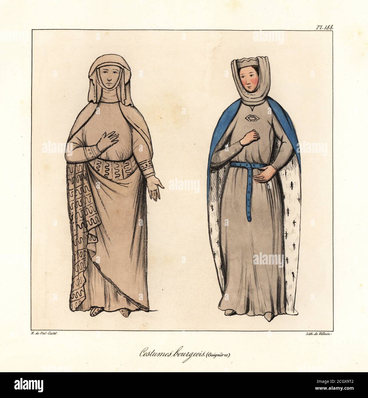 French bourgeois women’s fashions, 13th century. They wear wimples, long robes, cloaks lined with fur and embroidered fabric. Costumes bourgeois, XIIIe siecle (Roger de Gaignieres). Handcoloured lithograph by Villain after an illustration by Horace de Viel-Castel from his Collection des costumes, armes et meubles pour servir à l'histoire de la France (Collection of costumes, weapons and furniture to be used in the history of France), Treuttel & Wurtz, Bossange, 1829. Stock Photo