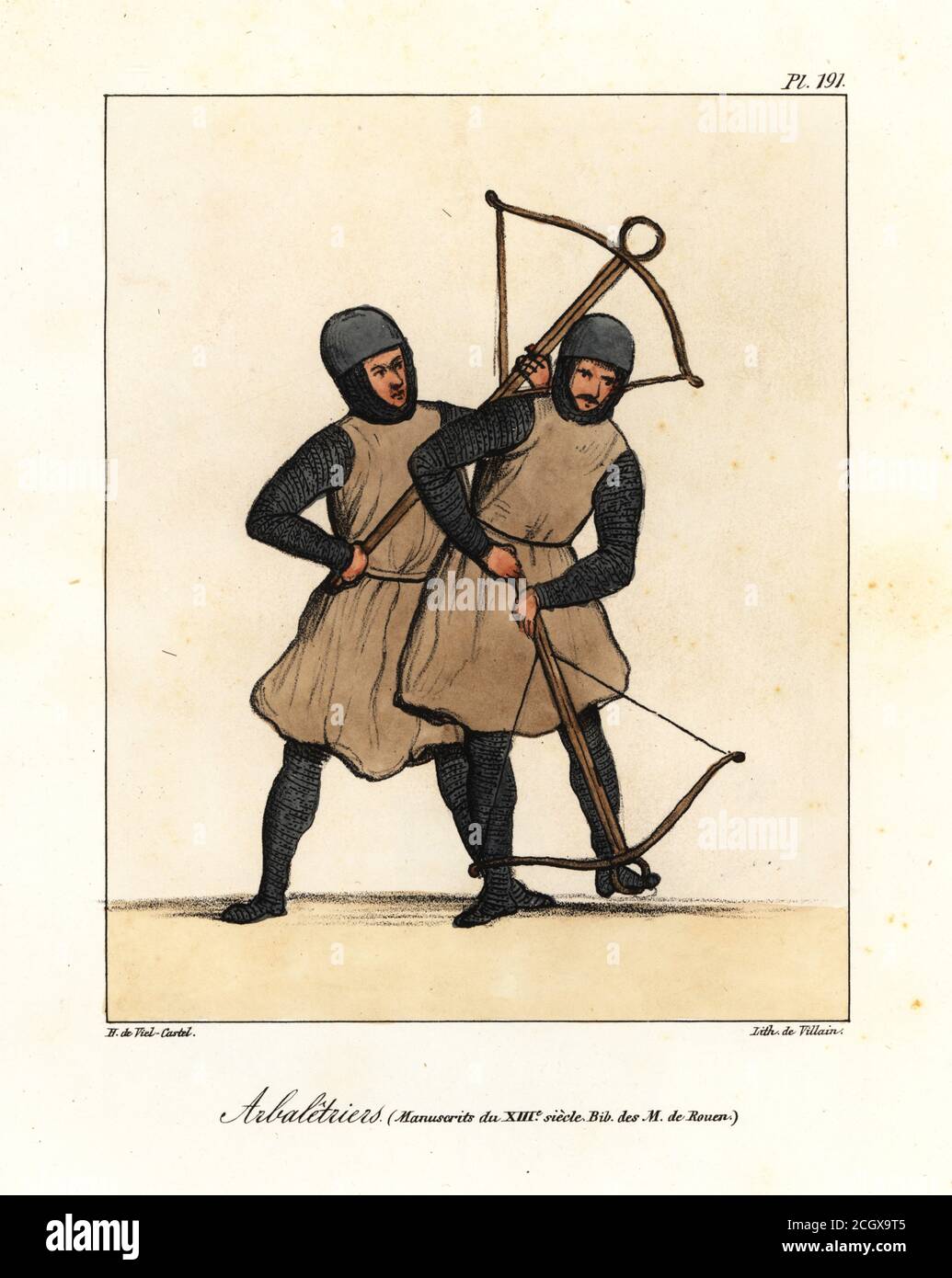Crossbowmen in helmets, chaimnail armor, tunics, loading their weapons. From a 13th century illuminated manuscript in the library of Rouen. Arbaletriers (manuscrits dy XIIIe siecle, Bib. des M. de Rouen). Handcoloured lithograph by Villain after an illustration by Horace de Viel-Castel from his Collection des costumes, armes et meubles pour servir à l'histoire de la France (Collection of costumes, weapons and furniture to be used in the history of France), Treuttel & Wurtz, Bossange, 1829. Stock Photo