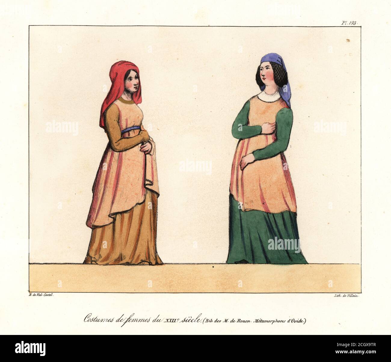 French women's costumes of the 13th century. From a manuscript in Rouen Library, the Metamorphosis of Ovid. Costumes de femmes du XIIIe siecle (Bib. des M. de Rouen, Metamorphoses d’Ovide). Handcoloured lithograph by Villain after an illustration by Horace de Viel-Castel from his Collection des costumes, armes et meubles pour servir à l'histoire de la France (Collection of costumes, weapons and furniture to be used in the history of France), Treuttel & Wurtz, Bossange, 1829. Stock Photo