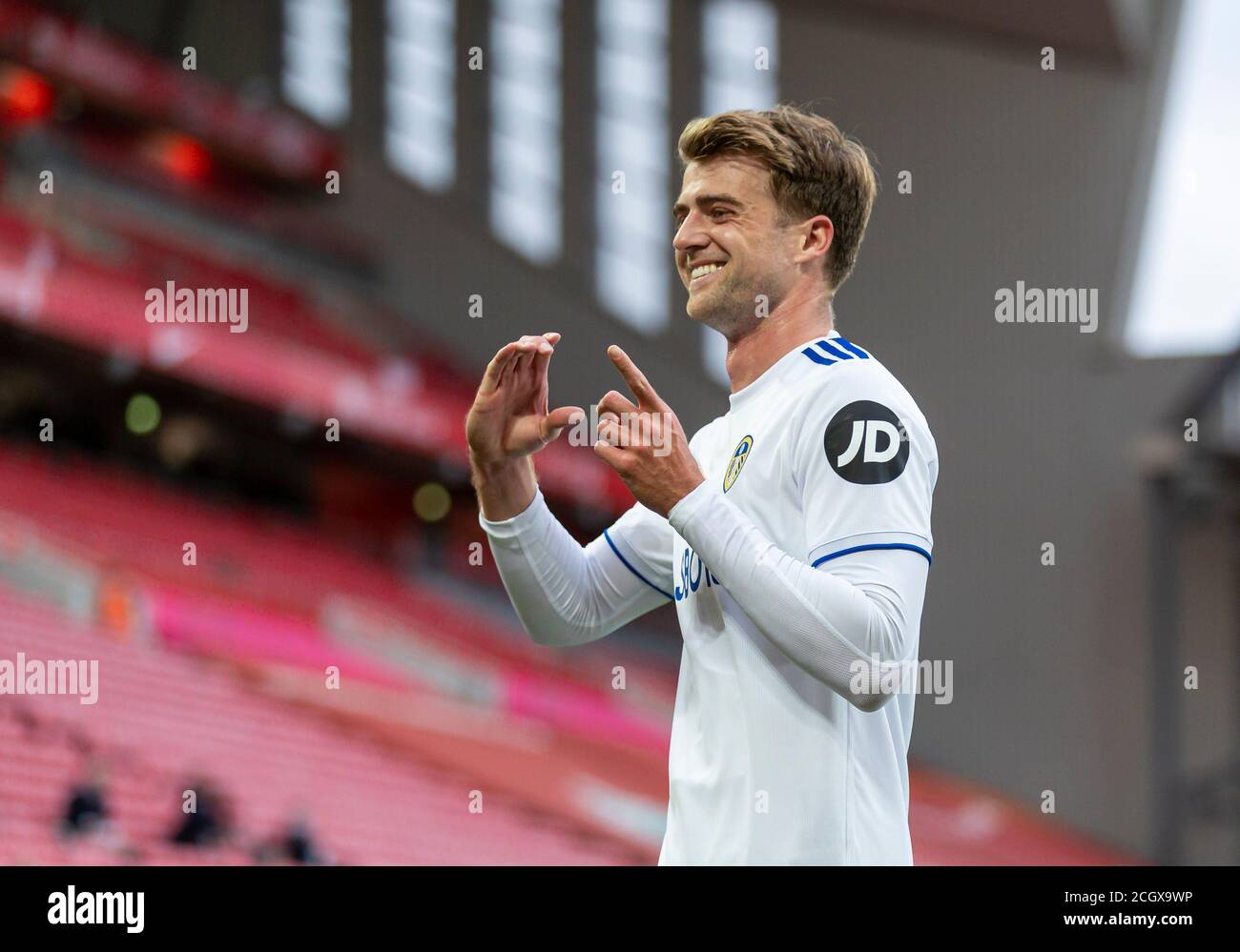 Liverpool. 13th Sep, 2020. Leeds United's Patrick Bamford celebrates after scoring a goal during the English Premier League match between Liverpool FC and Leeds United FC at Anfield in Liverpool, Britain, Sept. 12, 2020. Credit: Xinhua/Alamy Live News Stock Photo