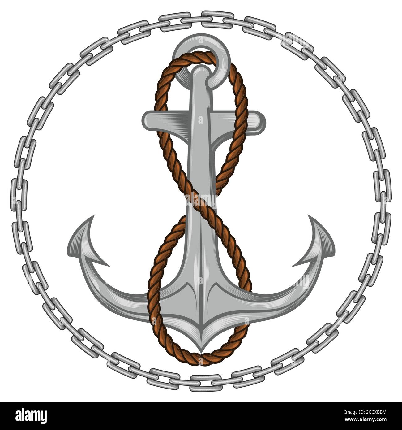 Vector illustration of dock anchor with rope surrounded by chains, on white background Stock Vector