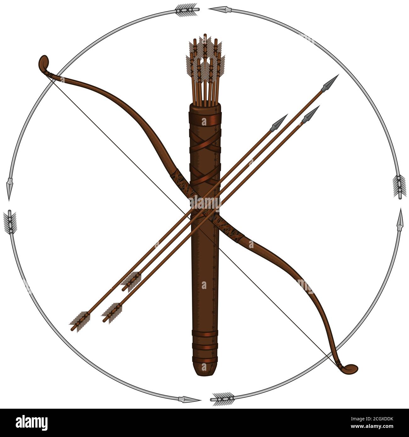 Vector design of Bow Arrow Quiver Archery Kit on white background, each element is individual Stock Vector