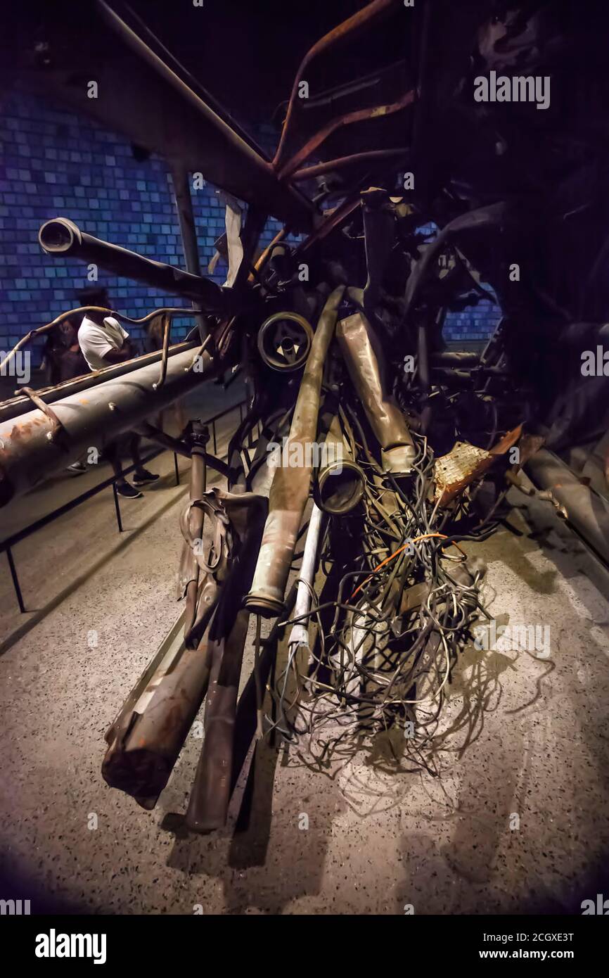 Remains of the television transmitter tower from the World Trade Center in the WTC Memorial Museum, New York, United States Stock Photo