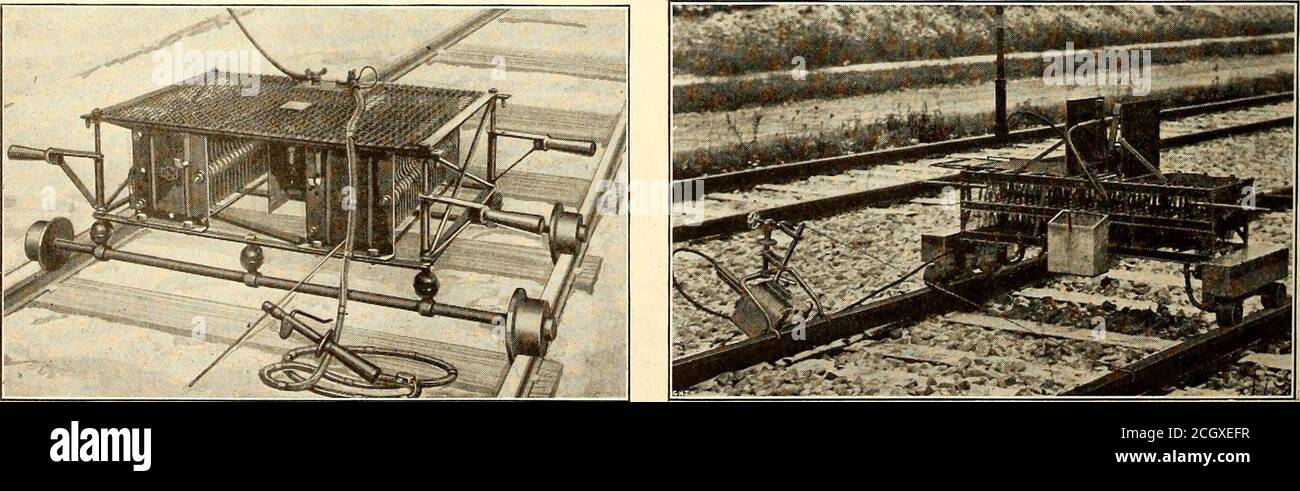 . Electric railway journal . ly perfect than any of the other forms. In thefirst place the equipment required to install the bondsis much more bulky than that needed for any of theother bonding processes. The class of labor representedby the bonders must be at least as high and preferablyhigher than that required for the installation of thesoldered bonds and much higher than that needed forputting on the expanded terminal bonds. Furthermorethe temperature to which the bond and the rail bothhave to be raised is much higher than that needed forsweating on the soldered bonds, and there is dangero Stock Photo