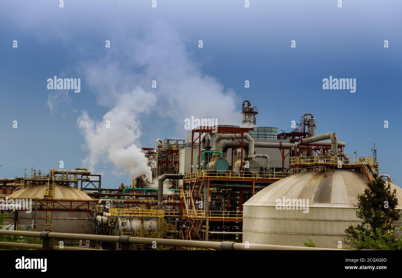 Oil gas industry petrochemical refinery plant with close up industrial view Stock Photo