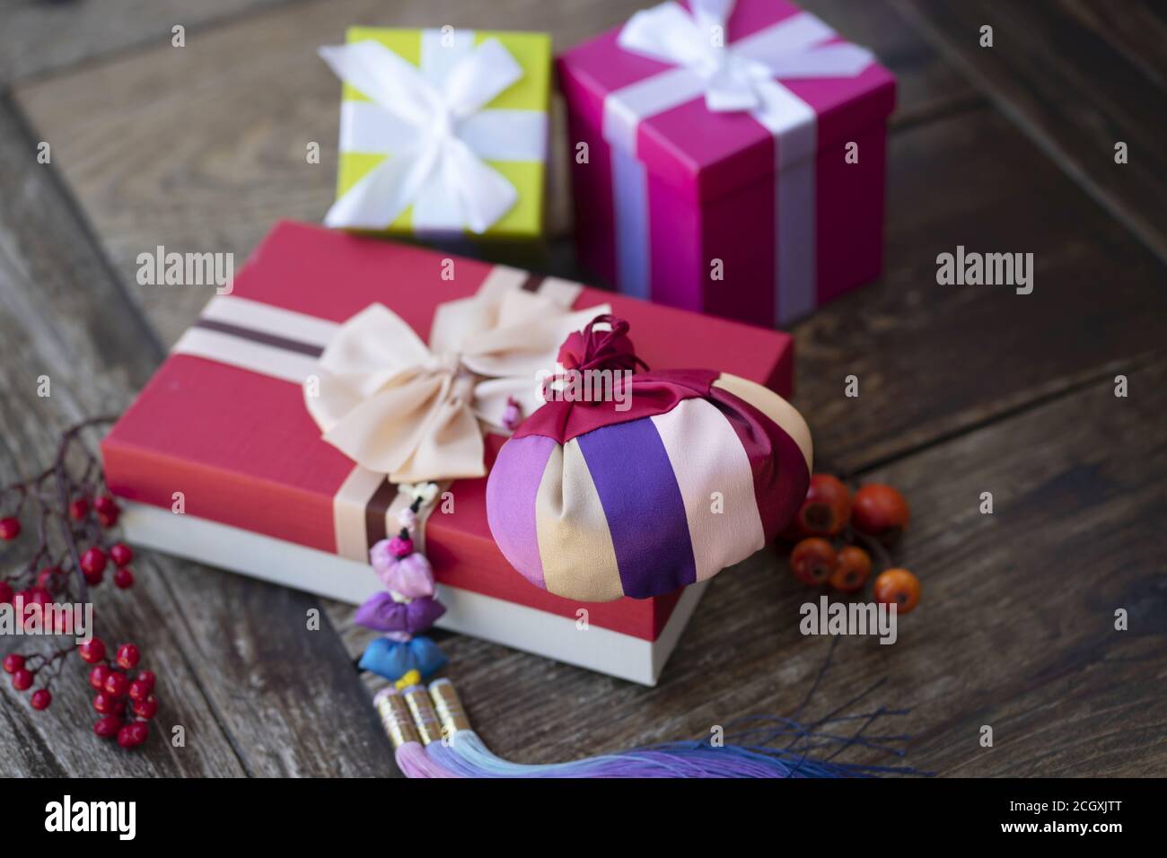Happy new year's image of Korea, lucky bag and gift boxes Stock Photo