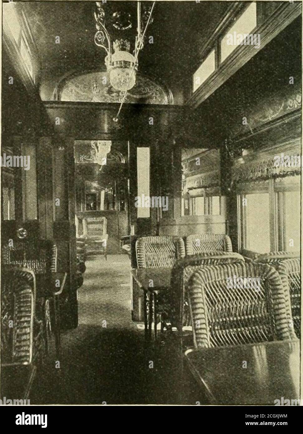 . American engineer and railroad journal . Interior of Parlor. COMBINATION CAFE, PARLOR AND BAGGAGE CARS,ILLINOIS CENTRAL RAILROAD. Tbc new train designated as tlie Daylight Special of theIUit:ois Central Railroad, now running between Chicago andSt. Louis, includes an interesting car, which is a combinationof dining, parlor and baggage accommodations in one car. Twoof these have recently been furnished by the Pullman PalaceCar Company, of Chicago. Thi length of the car over sills Is 72 feet 6 Inches Interior of Cafe Room. and the width over the sills is 9 feet 8 inches. The to-tal UUgtli is 77 Stock Photo