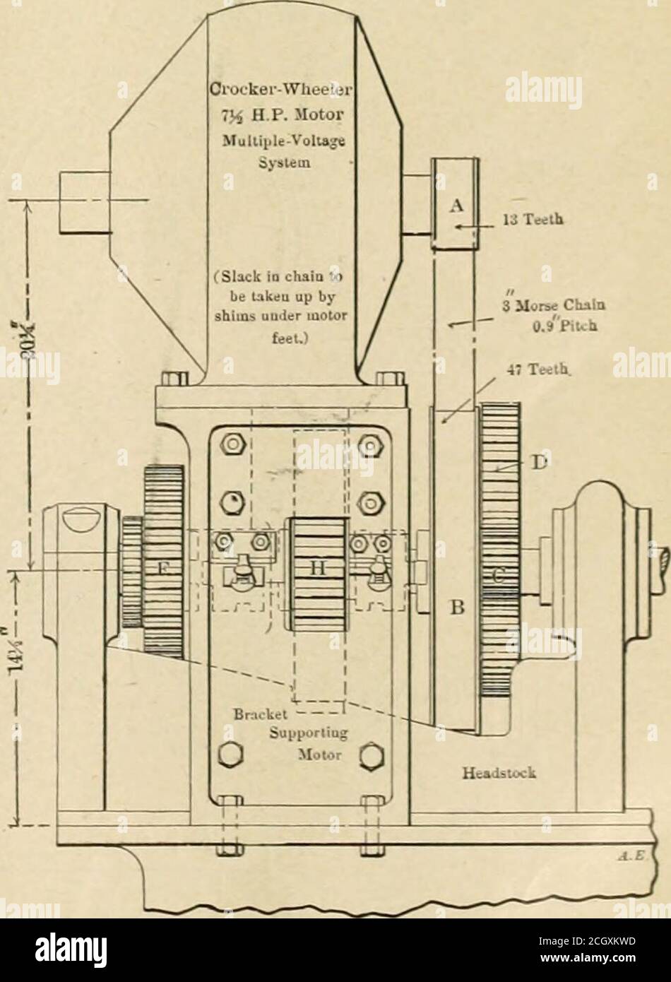 . American engineer and railroad journal . In thiscase the belt cone is simply removed and replaced, as indicatedin Fig. 11, by a sleeve, which carries, in addition to the pinion1 and the regular latch plate, a new gear, 3, and the silentchain sprocket, 10. On the back shaft are added a doubleclutch and a new gear, 4. Gears 1, 2, 5, 6, 7 and 8, are theoriginal ones while gears 3 and 4 and chain spockets 9 and10 are new. ti«ar 2 (Fig. llj in place of being keyed to theback shaft, runa loose upon it, and the jaw clutch mountedupon it simply fits over the hub of the gear and is keyed toit, as ind Stock Photo