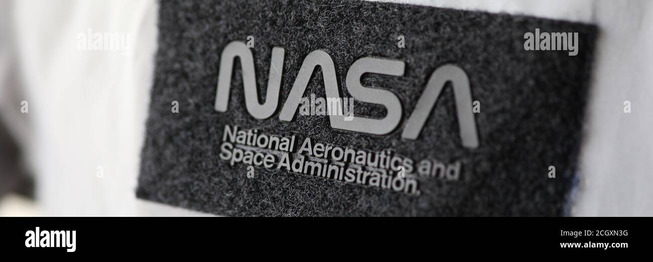 Nasa National Aeronaitics space Administration patch on silver spacesuit closeup Stock Photo
