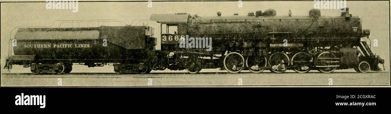 . Railway and locomotive engineering : a practical journal of railway motive power and rolling stock . J4 in. Number 50, 261 Length 21 ft. 0 in., 21 ft. 0 in. Heatixg Surface Firebox 251 sq. ft. Combustion chamber 130 Tubes 4722 Total 5,103 Superheater 1,329 Grate area 82.5 June, 1922 RAILWAY AXD LOCf).MOTIVE ENGINEERING 141 Driving Wheels Diameter bi/: in. Journals, main 13 in. . 22 in. Journals, front 11 in. . JO in. Journals, others 11 in. .x 13 in. Engine Truck Wheels Diameter, front 33 in. Journals 6 in. x 12 in. Diameter, back 45^.. in. Tonrnals ^ in. x 14 in. The Mason Locomotive of 1 Stock Photo