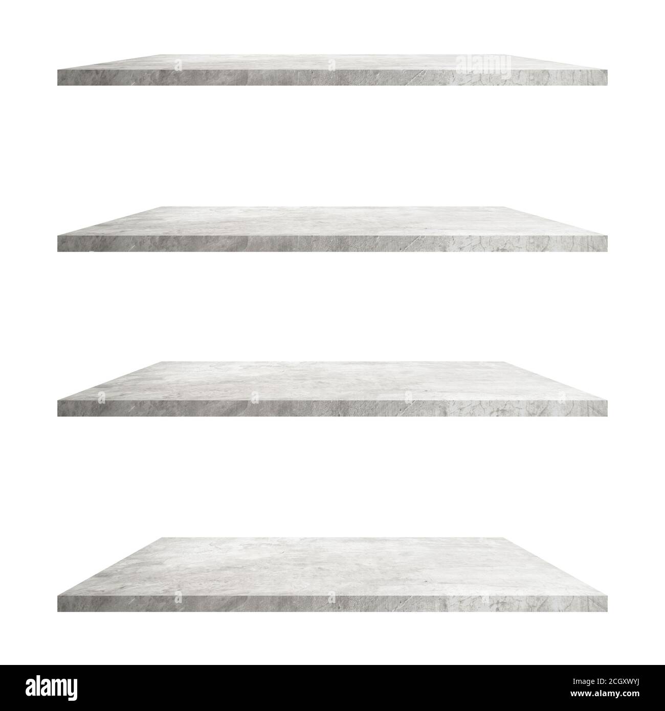 4 concrete shelves table isolated on white background and display montage for product. Stock Photo