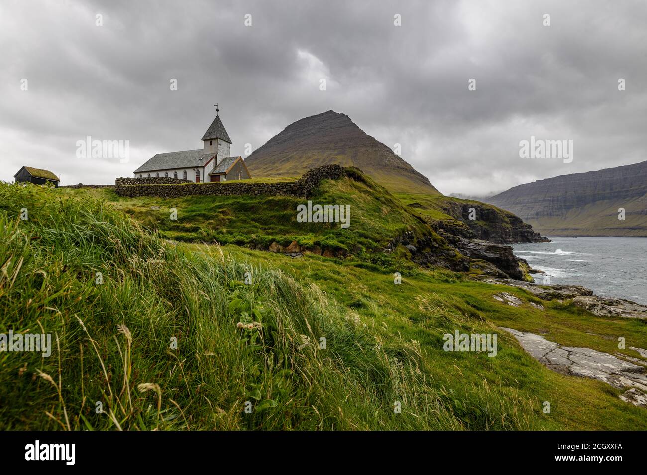 Vidareidis church on the Island Vidoy on the Faroe Islands. Stock Photo