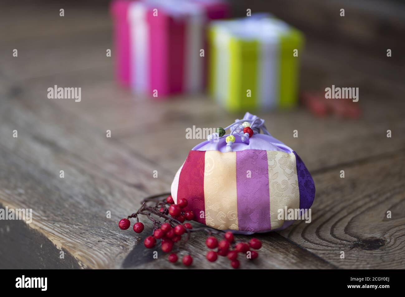 Happy new year's image of Korea, lucky bag and gift boxes Stock Photo