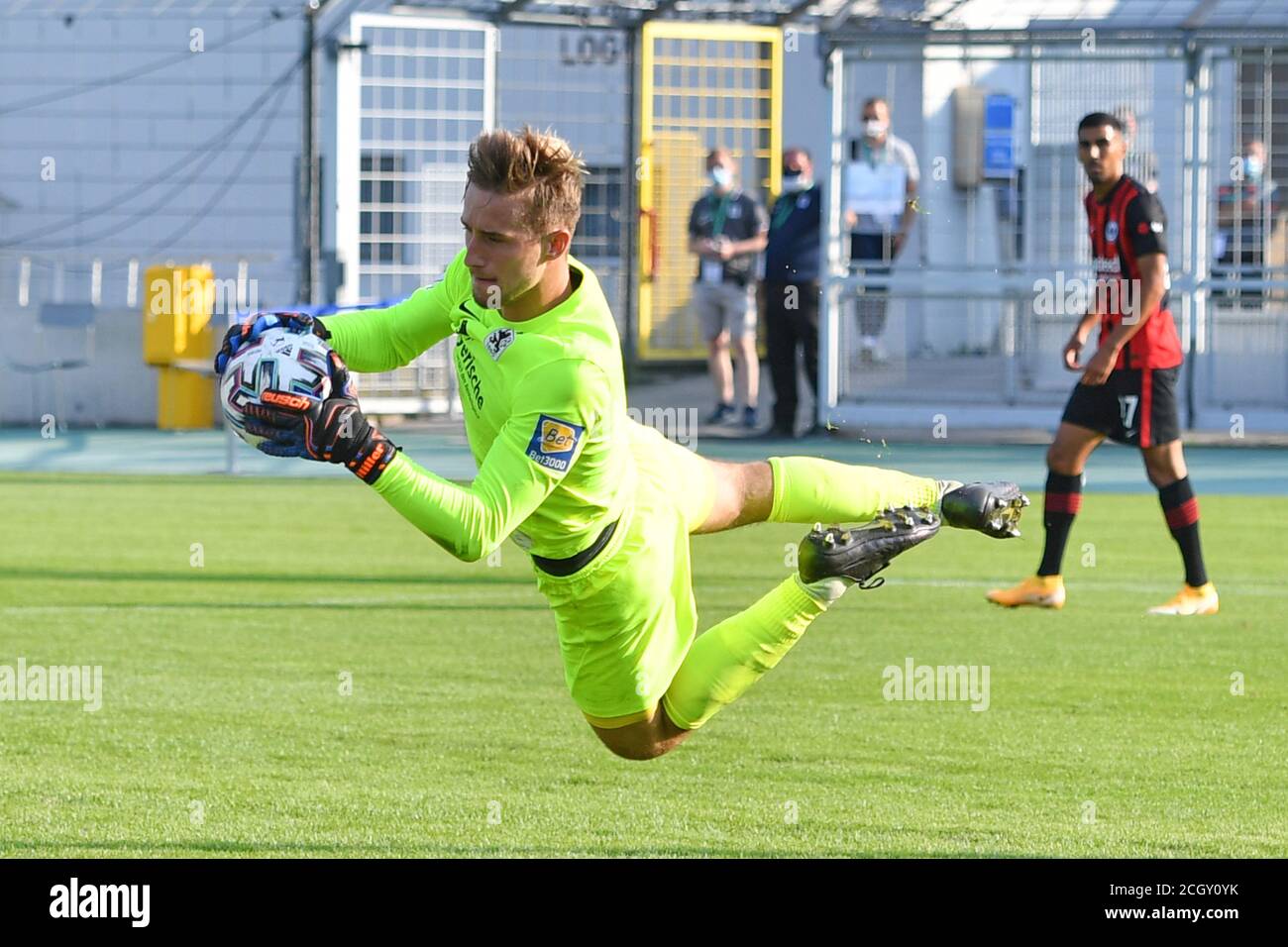 on the ground: Marco Hiller, goalwart (Munich 1860), Ayguen YLDIRIM (Verl)  after duels, action, Stock Photo, Picture And Rights Managed Image. Pic.  PAH-141549900